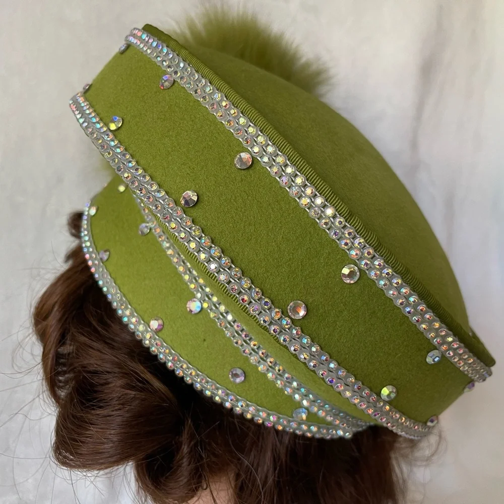 Stunning Mr D’s Vintage hat green wool and rhinestones Sunday church wedding